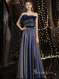 Chic A-line Strapless Dark Navy Long Prom Dresses Unique Formal Gowns CBD199|Selinadress