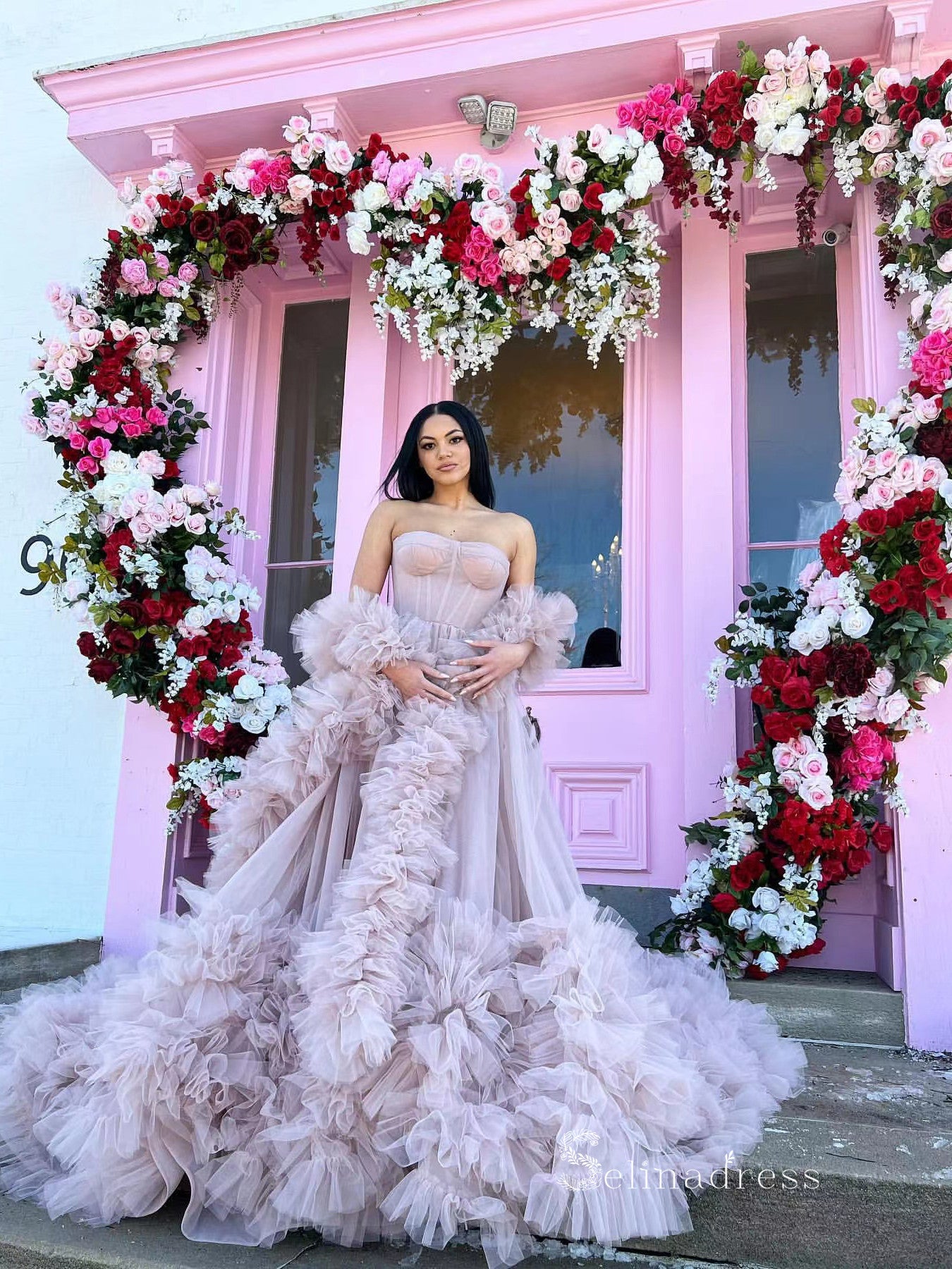 Chic A-line Strapless Dusty Pink Long Prom Dresses Tulle Evening Brida SELINADRESS Chic A-line Strapless Dusty Pink Long Prom Dresses Tulle Evening Brida SELINADRESS
