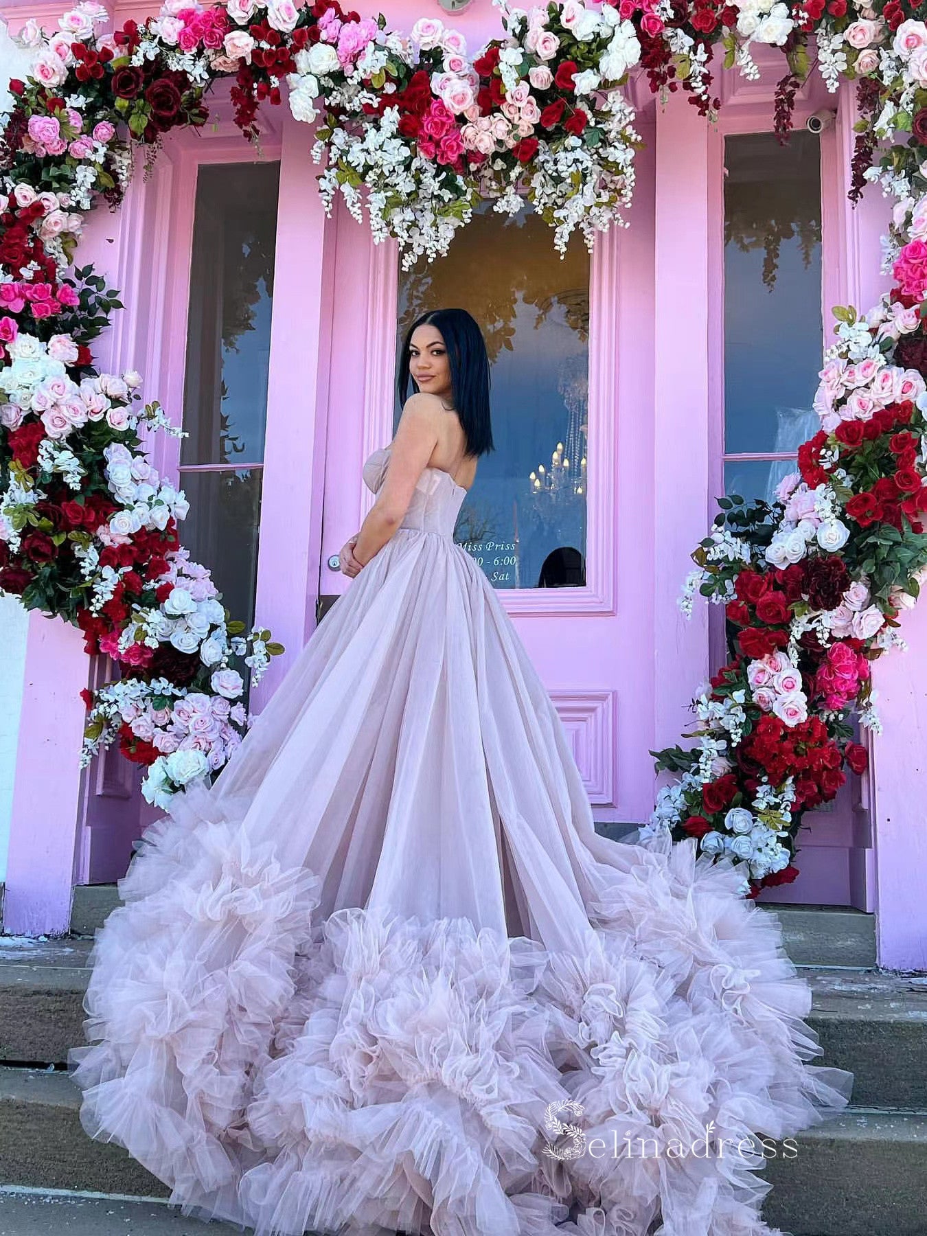 Chic A-line Strapless Dusty Pink Long Prom Dresses Tulle Evening Brida SELINADRESS Chic A-line Strapless Dusty Pink Long Prom Dresses Tulle Evening Brida SELINADRESS
