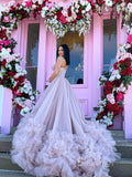 Chic A-line Strapless Dusty Pink Long Prom Dresses Tulle Evening Bridal Gowns MLK034|Selinadress