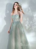 Chic A-line Strapless Green Long Prom Dresses Lace Evening Gowns CBD165|Selinadress
