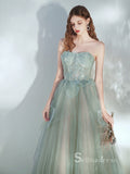 Chic A-line Strapless Green Long Prom Dresses Lace Evening Gowns CBD165|Selinadress