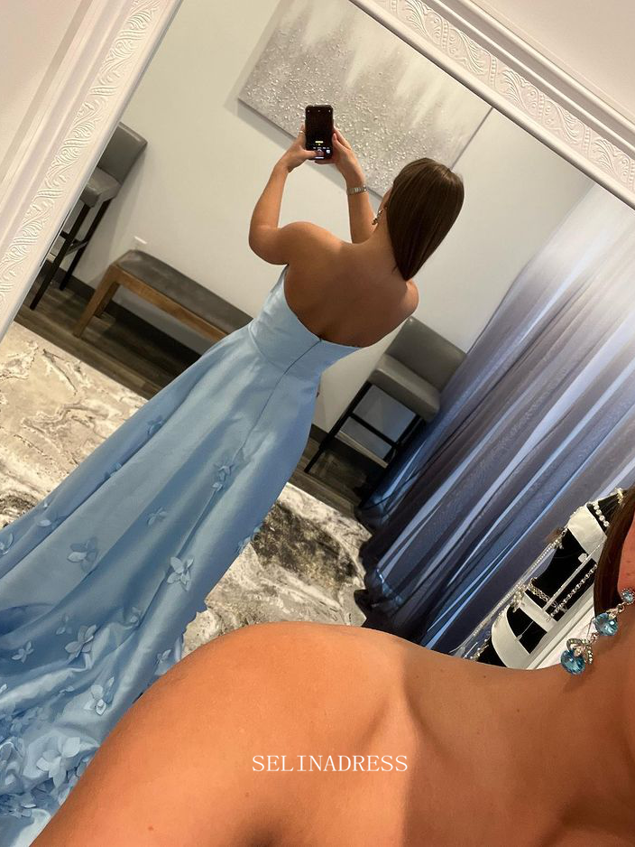 Chic A-line Strapless Light Sky Blue Long Prom Dresses Simple Satin Ev SELINADRESS Chic A-line Strapless Light Sky Blue Long Prom Dresses Simple Satin Ev SELINADRESS