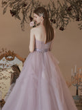 Chic A-line Strapless Lilac Long Prom Dresses Tulle Lace Formal Gowns Evening Dress OSTY061|Selinadress