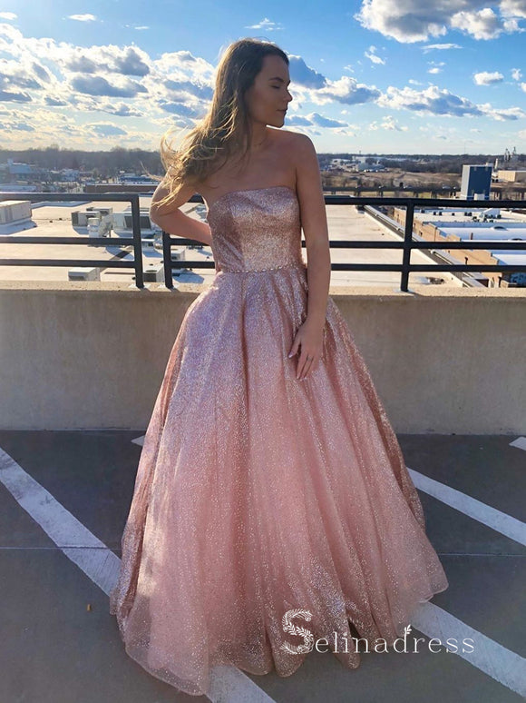 Chic A-line Strapless Long Prom Dresses Pink Evening Dress CBD062