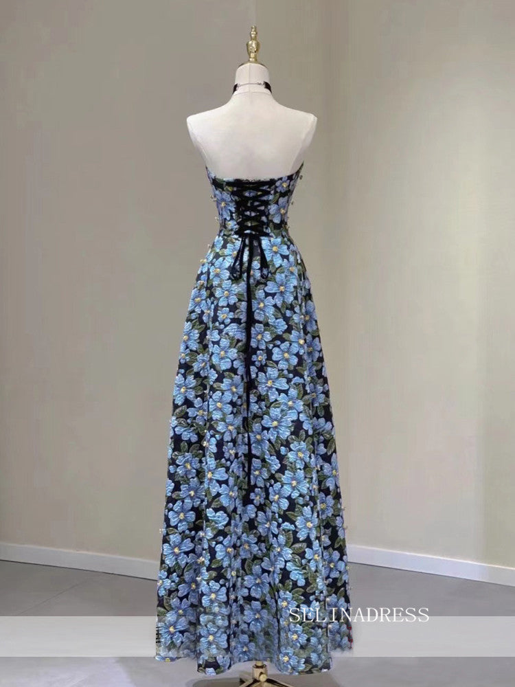 Chic A-line Strapless Morandi Blue Long Prom Dress Elegant Floral Even SELINADRESS Chic A-line Strapless Morandi Blue Long Prom Dress Elegant Floral Even SELINADRESS