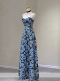 Chic A-line Strapless Morandi Blue Long Prom Dress Elegant Floral Evening Dress #QWE057|Selinadress