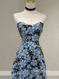 Chic A-line Strapless Morandi Blue Long Prom Dress Elegant Floral Evening Dress #QWE057|Selinadress