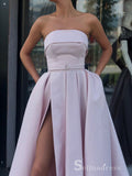 Chic A-line Strapless Pink Long Prom Dresses Satin Evening Dress CBD211