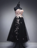 Chic A-line Strapless Pink Prom Dress Long Applique Tea Length Evening Dress JKW218|Selinadress