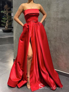 Chic A-line Strapless Red Long Prom Dresses Cheap Evening Dress CBD246