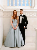 Chic A-line Strapless Satin Long Prom Dresses Blue Evening Dress CBD361