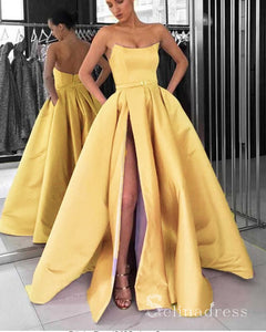 Chic A-line Strapless Satin Long Prom Dresses Yellow Evening Dress CBD274|Selinadress