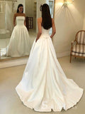Chic A-line Strapless Satin Sweep Train Wedding Gowns With Pocket CBD226|Selinadress