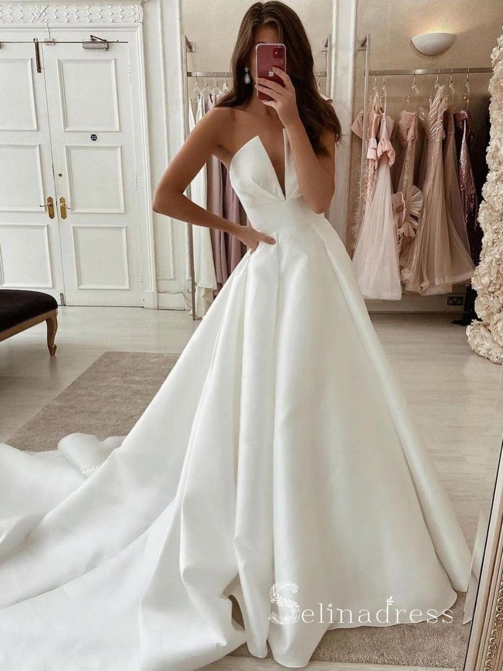 Chic A-line Strapless V neck Satin Court Train Custom Wedding Gowns CBD074 Chic A-line Strapless V neck Satin Court Train Custom Wedding Gowns CBD074