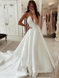 Chic A-line Strapless V neck Satin Court Train Custom Wedding Gowns CBD074|Selinadress