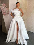 Chic A-line Strapless White Long Prom Dresses Satin Evening Gowns MHL178