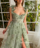 Chic A-line Straps 3D Floral Lace Long Prom Dresses With Embroidery Butterfly Green Evening Dresses jkw232|Selinadress