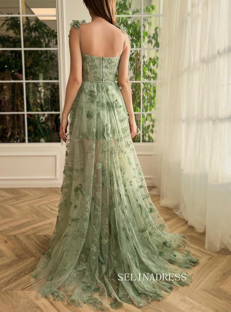 Chic A-line Straps 3D Floral Lace Long Prom Dresses With Embroidery Bu SELINADRESS Chic A-line Straps 3D Floral Lace Long Prom Dresses With Embroidery Bu SELINADRESS