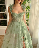 Chic A-line Straps 3D Floral Lace Long Prom Dresses With Embroidery Butterfly Green Evening Dresses jkw232|Selinadress