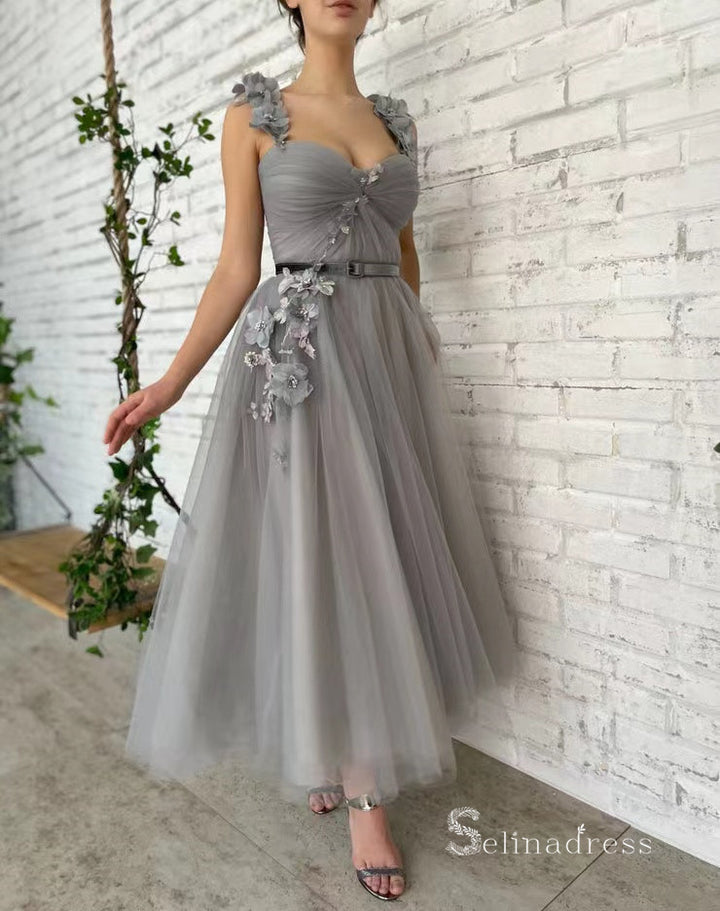 cheap grey dresses Grey A Line V Neck Long Appliques Tulle Prom Dress, Gray Split Long Evening  Dress UQ2236