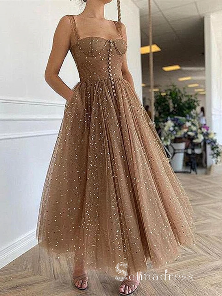 Chic A-line Straps Ankle-length Unique Brown Prom Dresses Evening Dres – SELINADRESS