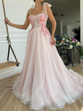 Chic A-line Straps Blushing Pink Prom Dress Long Applique Tulle Evening Dress JKW216|Selinadress