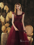 Chic A-line Straps Burgundy Long Prom Dresses Cheap Formal Gowns CBD111