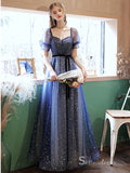 Chic A-line Straps Dark Navy Long Prom Dresses Sparkly Formal Gowns CBD210|Selinadress
