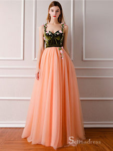 Chic A-line Straps Floral Long Prom Dresses Orange Formal Gowns CBD211|Selinadress