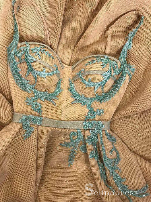 Chic A-line Straps Gold Applique Long Prom Dresses Elegant Evening Dre SELINADRESS Chic A-line Straps Gold Applique Long Prom Dresses Elegant Evening Dre SELINADRESS