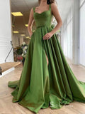 Chic A-line Straps Green Simple Long Prom Dresses Satin Evening Dress MLK033|Selinadress