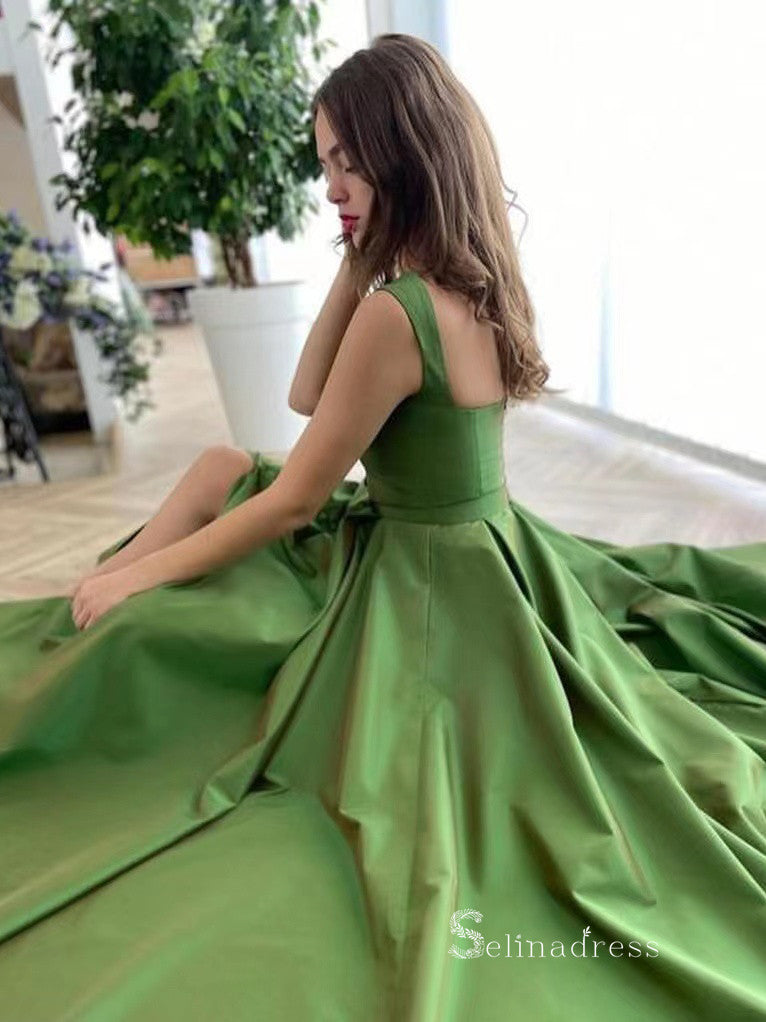 Chic A-line Straps Green Simple Long Prom Dresses Satin Evening Dress SELINADRESS Chic A-line Straps Green Simple Long Prom Dresses Satin Evening Dress SELINADRESS
