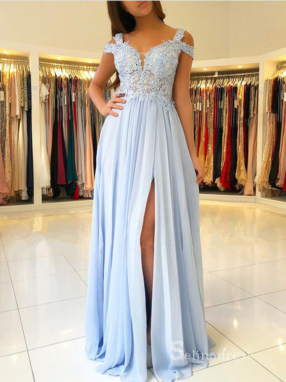 Chic A-line Straps Light Sky Blue Long Prom Dresses Lace Evening Gowns MHL2867|Selinadress