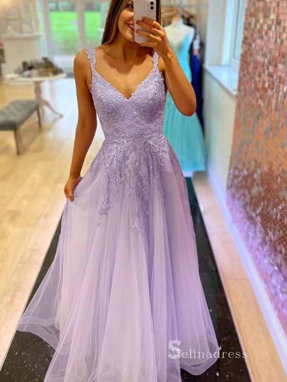Chic A-line Straps Lilac Long Prom Dresses Applique Evening Dress MLK028|Selinadress