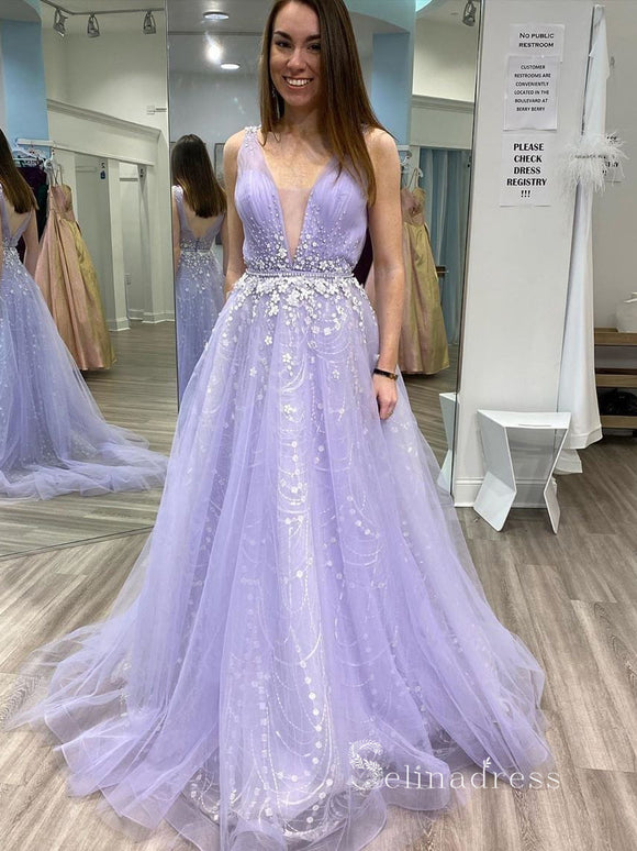 Chic A-line Straps Lilac Long Prom Dresses Evening Dress CBD031