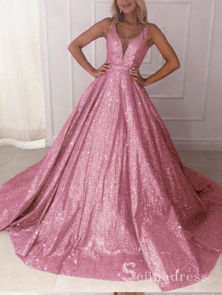 Chic A-line Straps Pink Sparkly Long Prom Dresses Gorgeous Evening Dress CBD280｜Selinadress
