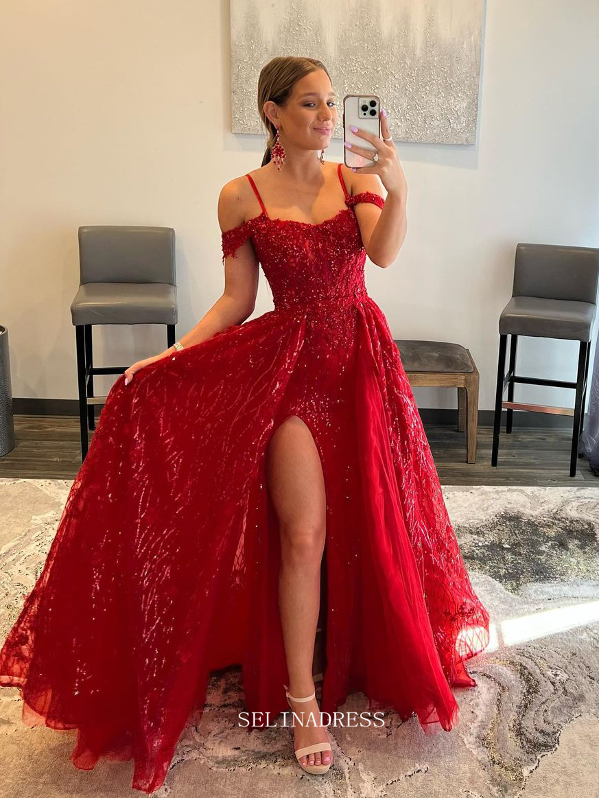 Chic A-line Straps Red Long Prom Dresses Applique Beaded Long Evening SELINADRESS Chic A-line Straps Red Long Prom Dresses Applique Beaded Long Evening SELINADRESS
