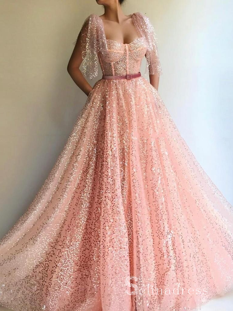 Chic A-line Straps Sparkly Long Prom Dresses Sequins Pink Evening Gown SELINADRESS Chic A-line Straps Sparkly Long Prom Dresses Sequins Pink Evening Gown SELINADRESS