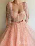 Chic A-line Straps Sparkly Long Prom Dresses Sequins Pink Evening Gowns MSL001|Selinadress
