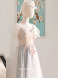 Chic A-line Straps Tulle Long Prom Dresses Short Sleeve Formal Dress Applique Evening Dress OSTY037|Selinadress