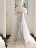 Chic A-line Straps Tulle Long Prom Dresses Short Sleeve Formal Dress Applique Evening Dress OSTY037|Selinadress