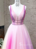 Chic A-line Straps Tulle Ombre Long Prom Dresses Multicolor Evening Dress CBD046