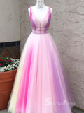 Chic A-line Straps Tulle Ombre Long Prom Dresses Multicolor Evening Dress CBD046