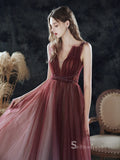 Chic A-line Straps Unique Long Prom Dresses Burgundy Formal Gowns CBD126