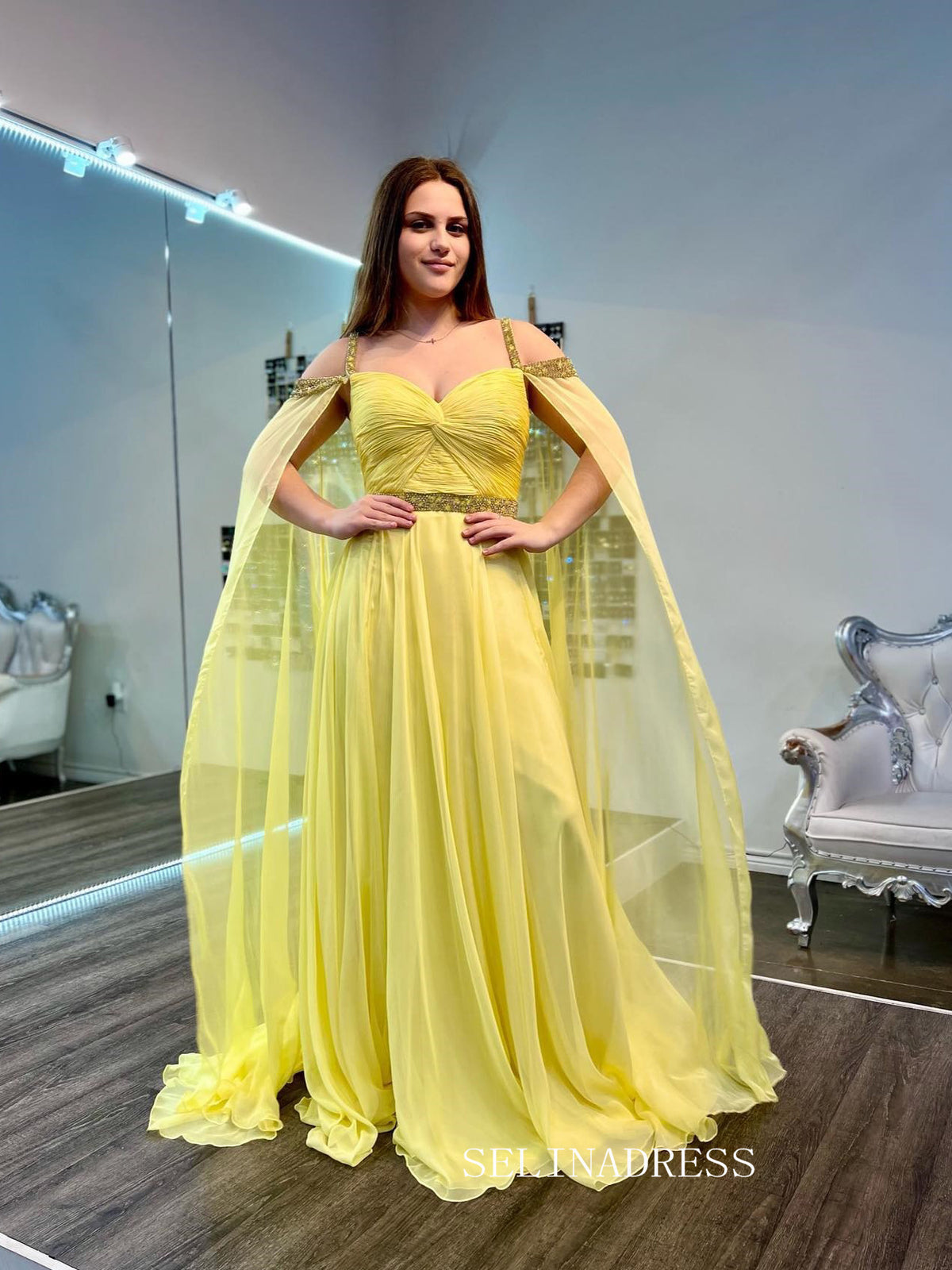 Chic A-line Straps Yellow Long Prom Dress Chiffon Cape Beaded Elegant SELINADRESS Chic A-line Straps Yellow Long Prom Dress Chiffon Cape Beaded Elegant SELINADRESS