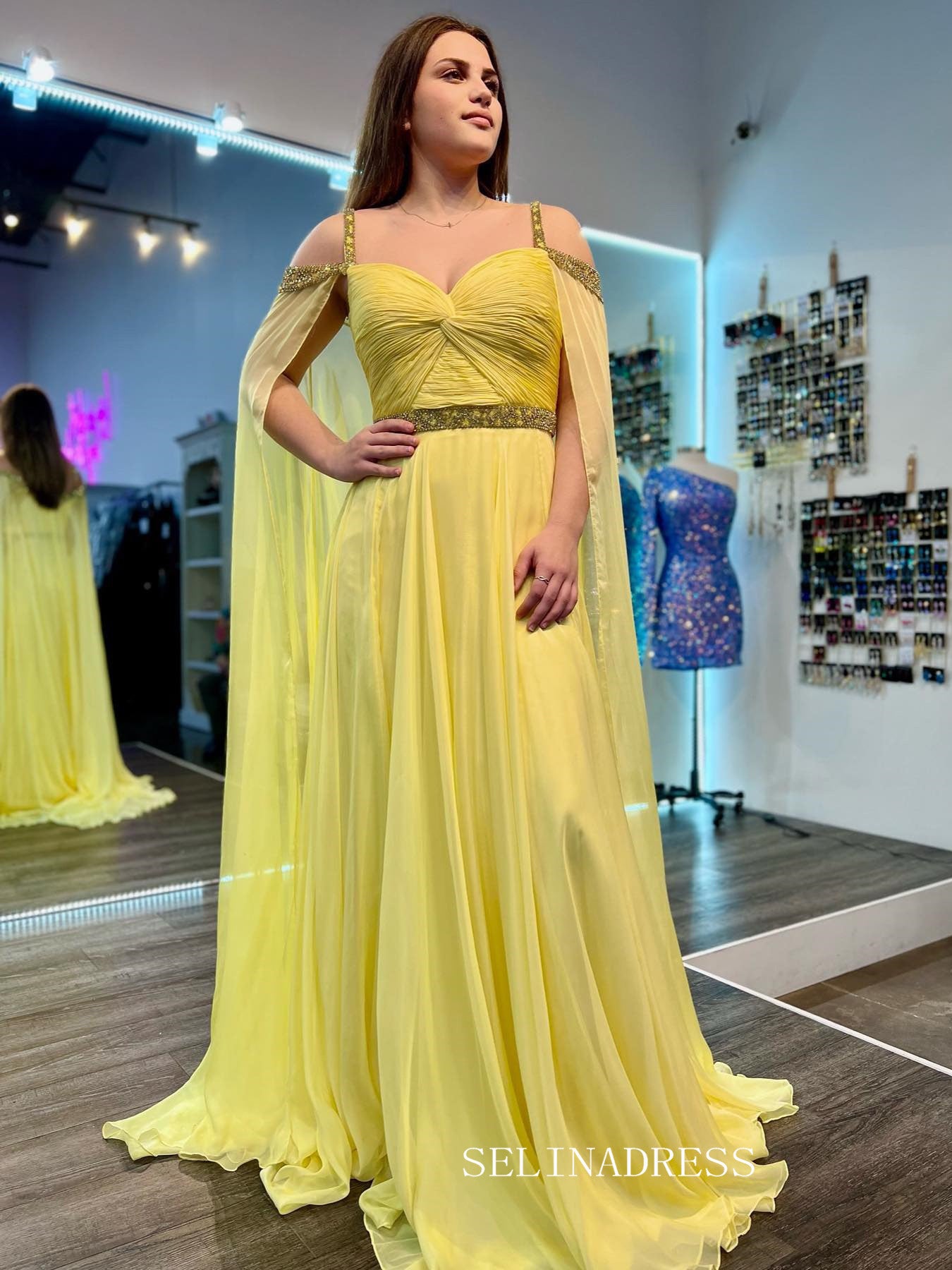 Chic A-line Straps Yellow Long Prom Dress Chiffon Cape Beaded Elegant SELINADRESS Chic A-line Straps Yellow Long Prom Dress Chiffon Cape Beaded Elegant SELINADRESS