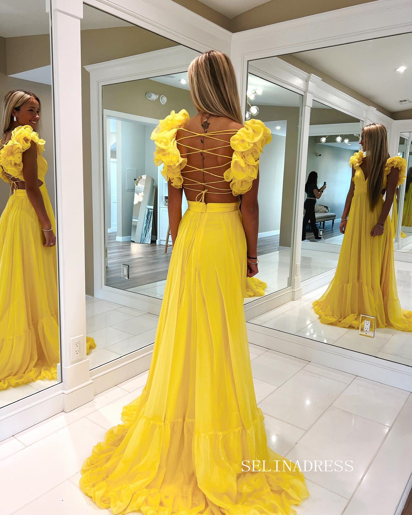 Chic A-line Straps Yellow Long Prom Dress Chiffon Elegant Party Dress SELINADRESS Chic A-line Straps Yellow Long Prom Dress Chiffon Elegant Party Dress SELINADRESS