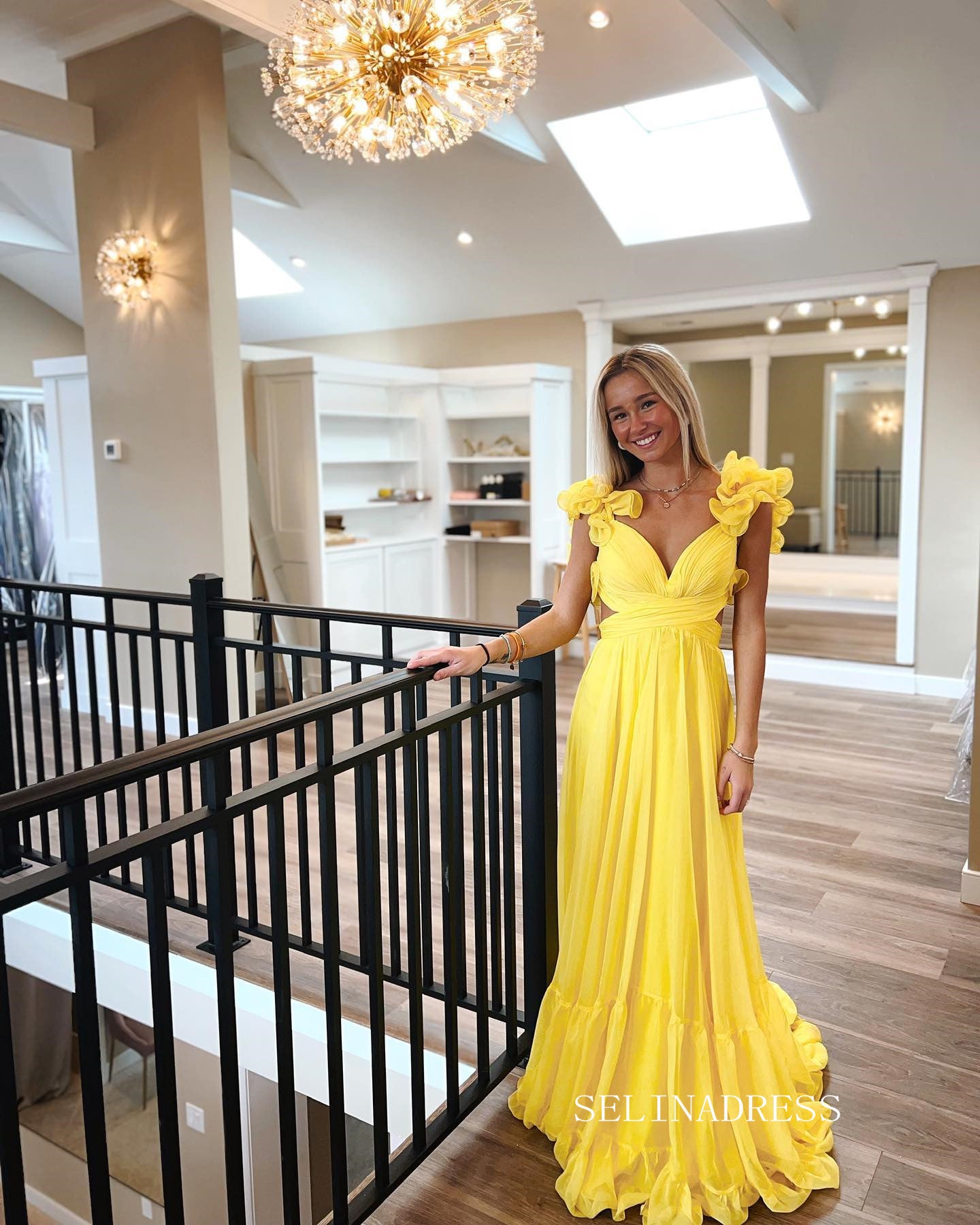 Chic A-line Straps Yellow Long Prom Dress Chiffon Elegant Party Dress SELINADRESS Chic A-line Straps Yellow Long Prom Dress Chiffon Elegant Party Dress SELINADRESS