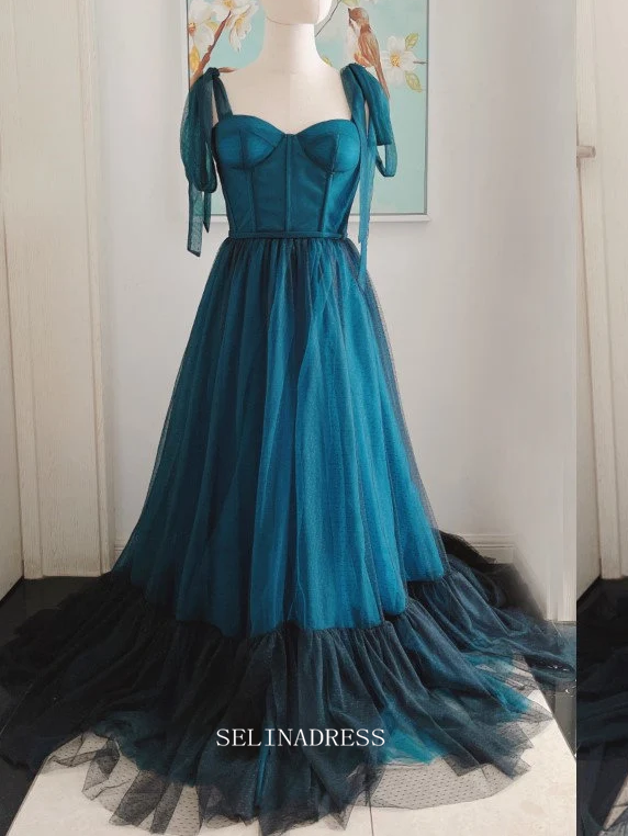 Chic A-line Strps Teal Tulle Long Prom Dresses Cheap Bridesmaid Dress Long Formal Dress OSTY046|Selinadress